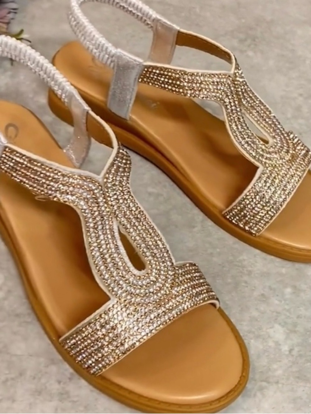 Rhinestone T-Strap Wedge Sandals Champagne Gold Size 8